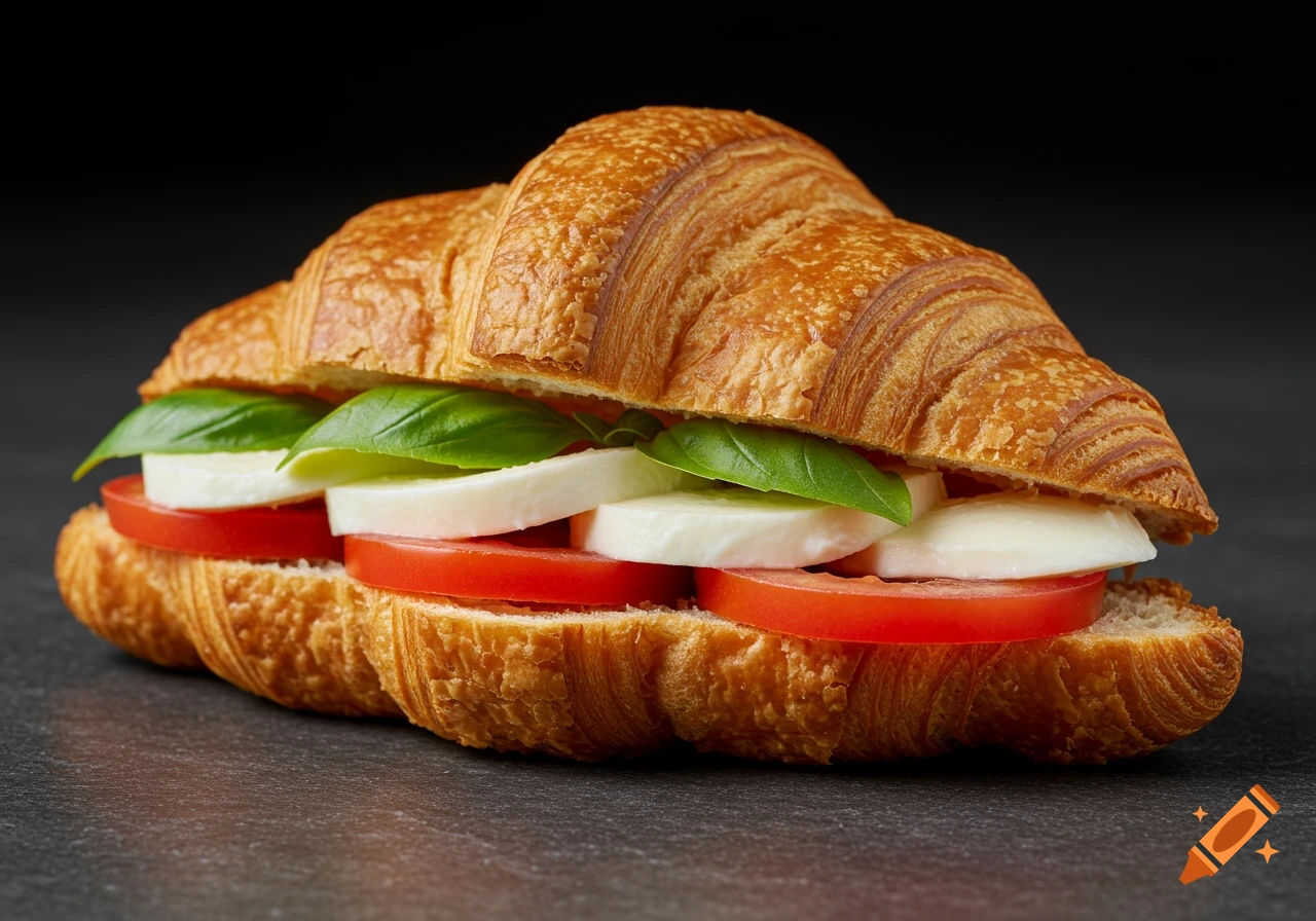 Close-up photorealistic image of a Caprese sandwich on a croissant with tomato, mozzarella, and basil on a dark surface.