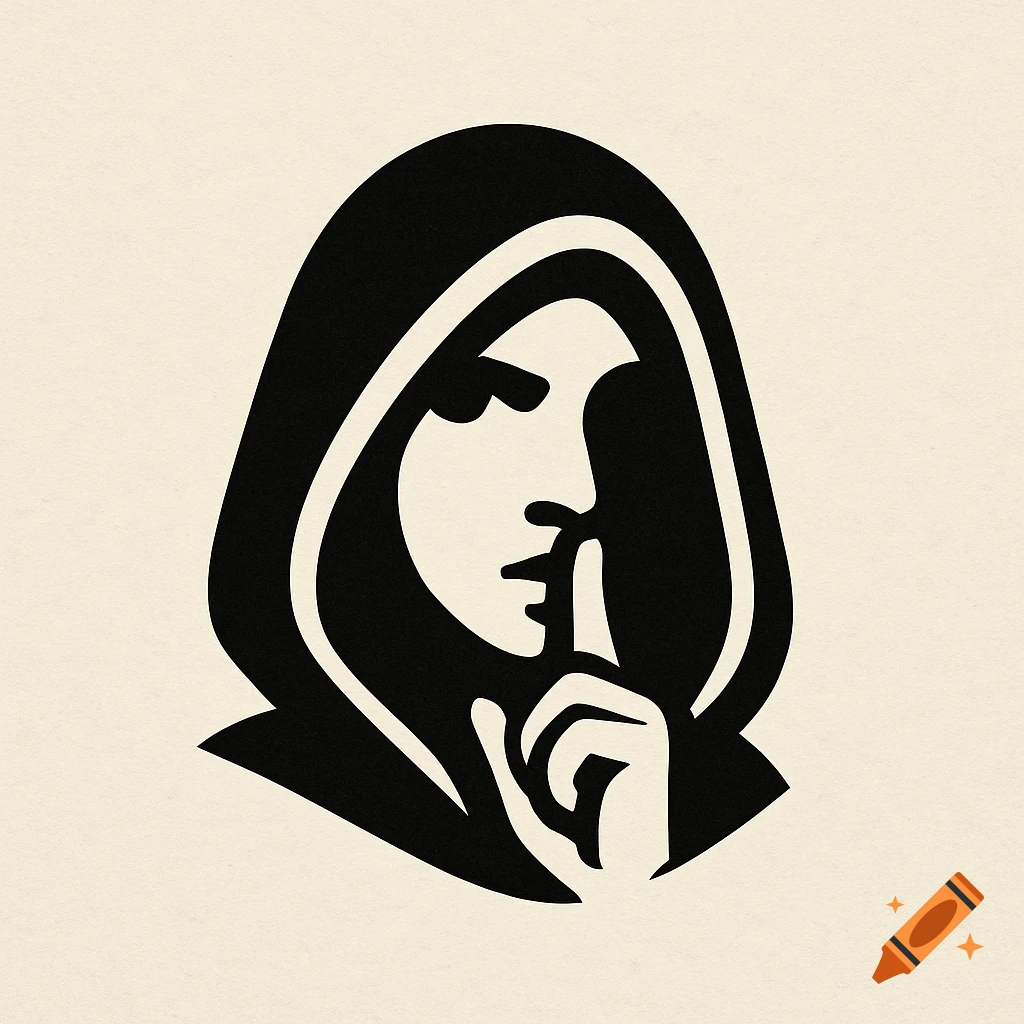 Minimalist logo illustration of a person in a hood with a finger to their lips