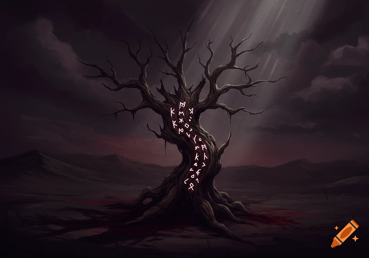 A dark, dead tree with glowing runes carved into its trunk stands in a desolate landscape under a stormy sky. Digital art.