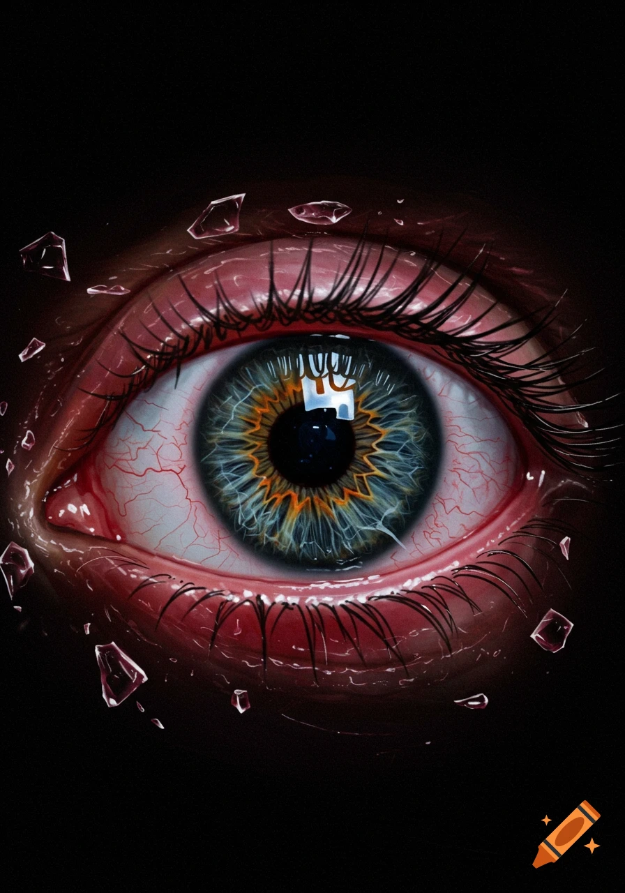 Close up of a detailed eye with shattered glass pieces around it.