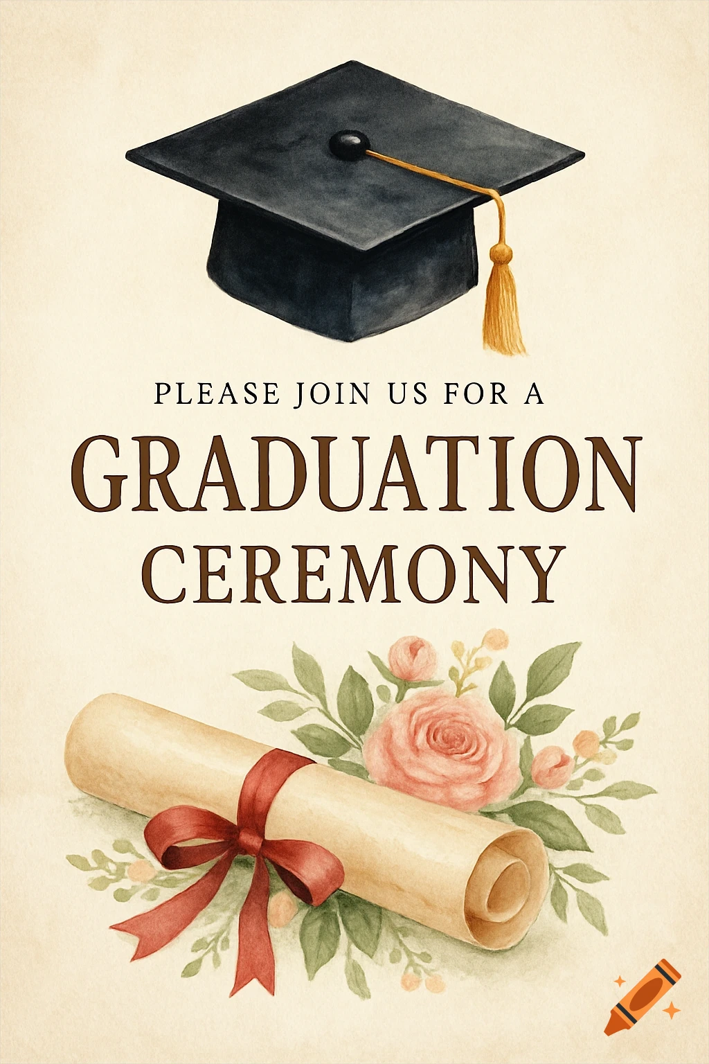 Watercolor illustration of a graduation cap, scroll with ribbon, and flowers. Text reads 'Graduation Ceremony'.