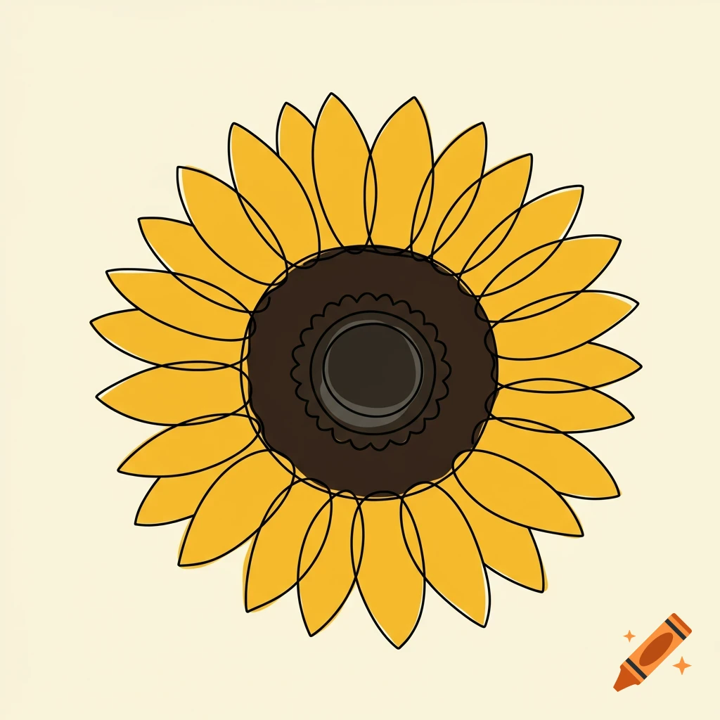 Stylized line art drawing of a yellow and brown sunflower