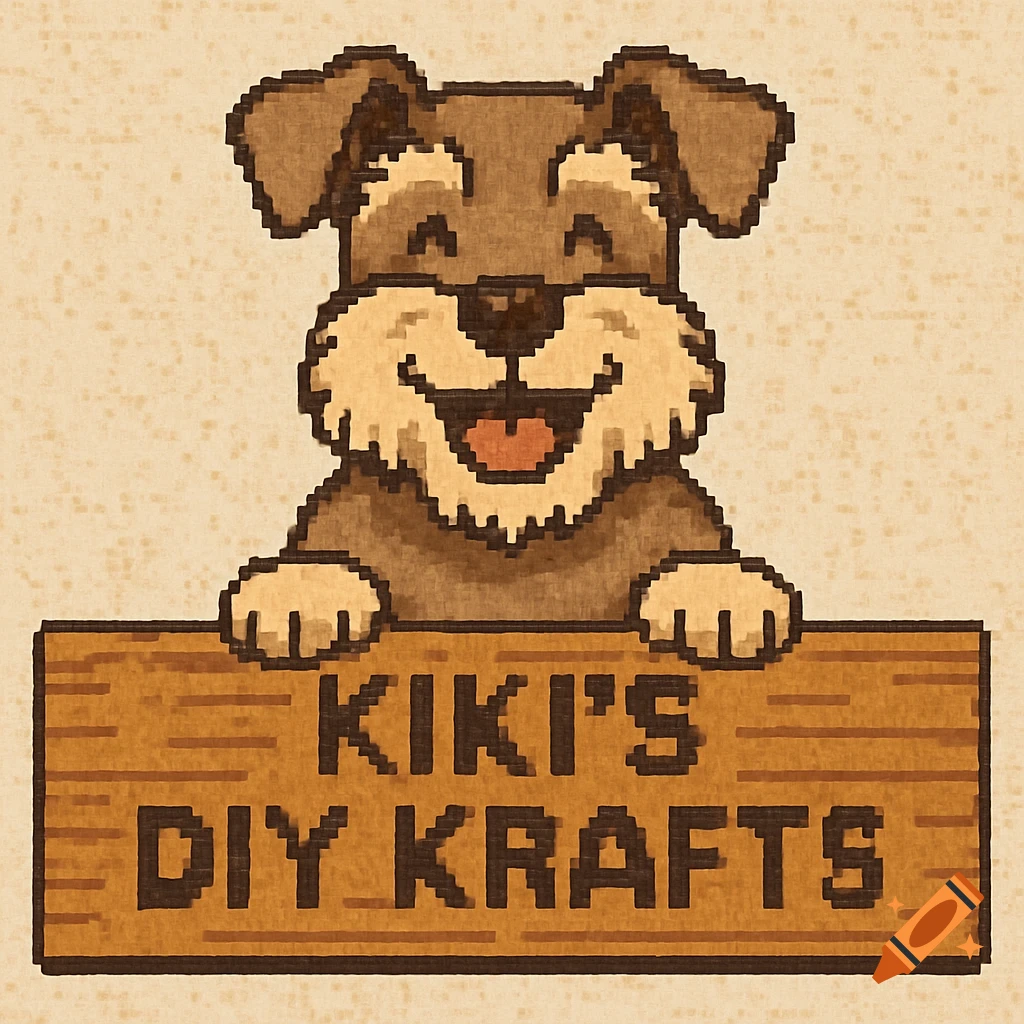 Pixel art of a happy schnauzer holding a sign that says KIKI'S DIY KRAFTS