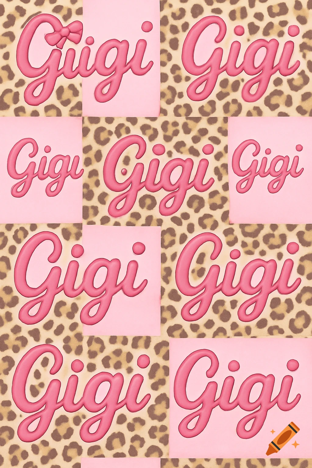 Repeating pattern of the name Gigi in pink stylized text on a background of pink squares and cheetah print.