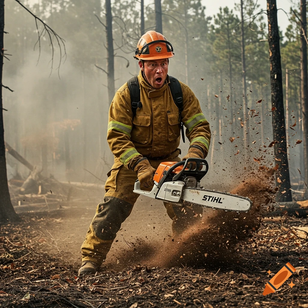 Wildland firefighter kicks up dirt with chainsaw in forest, hyperrealistic.