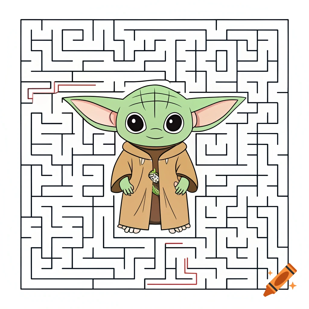 Cartoon illustration of Baby Yoda inside a maze.