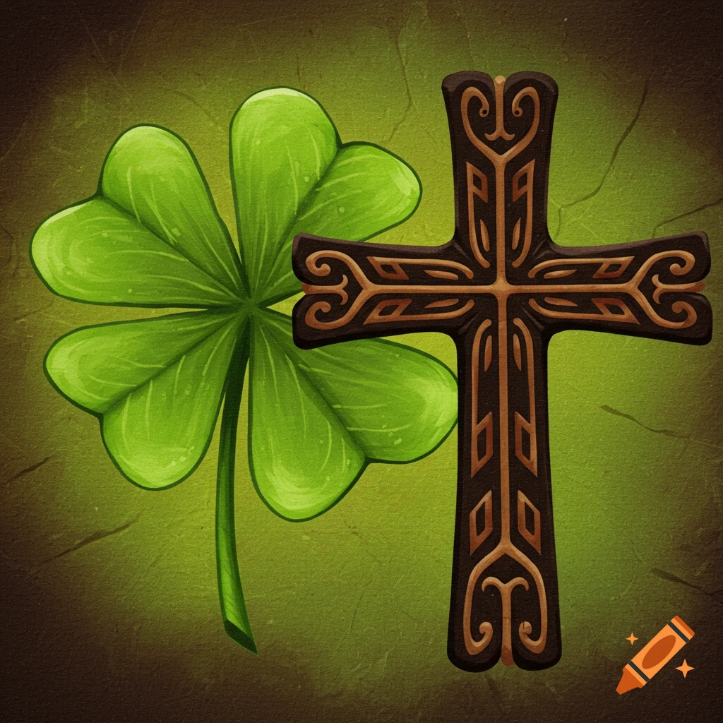 A green four-leaf clover next to a decorative brown cross on a textured green background.