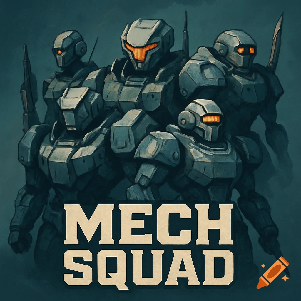 Four armored mech robots stand together above the text 'MECH SQUAD' in an illustrative style.