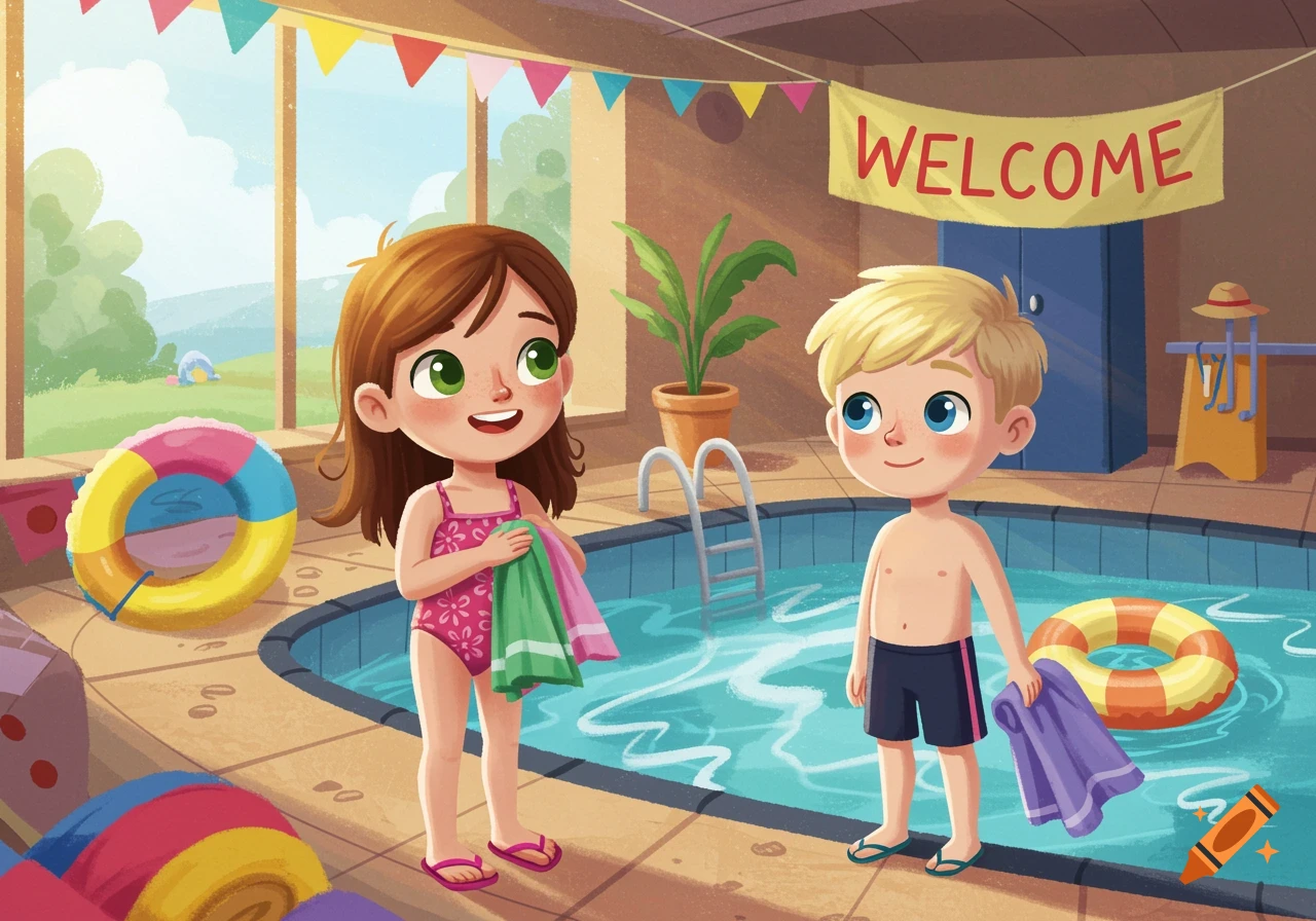 Children's illustration of two kids at an indoor pool with a welcome banner.