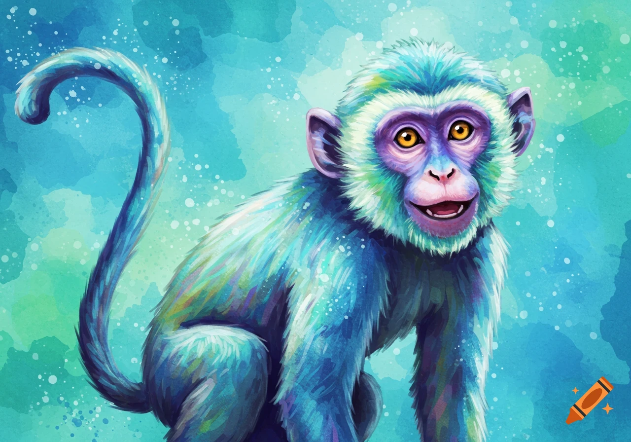 Watercolor painting of a colorful blue and green monkey smiling.