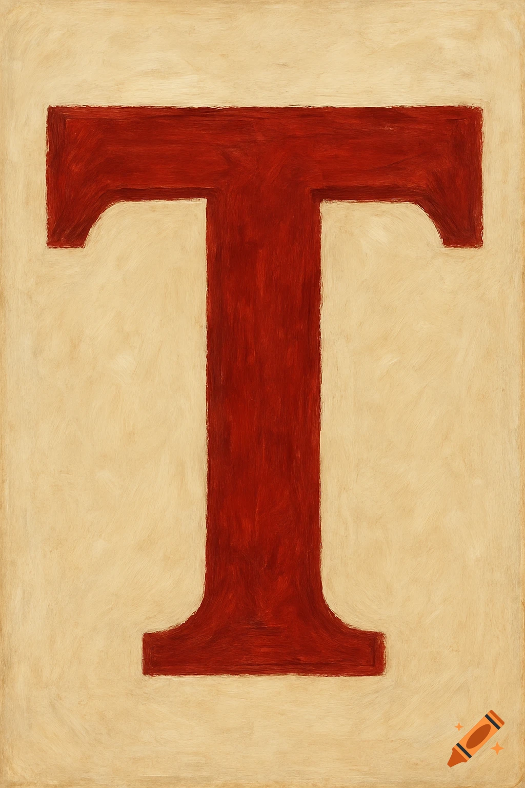 Large red capital letter T with a painted texture on a light background.