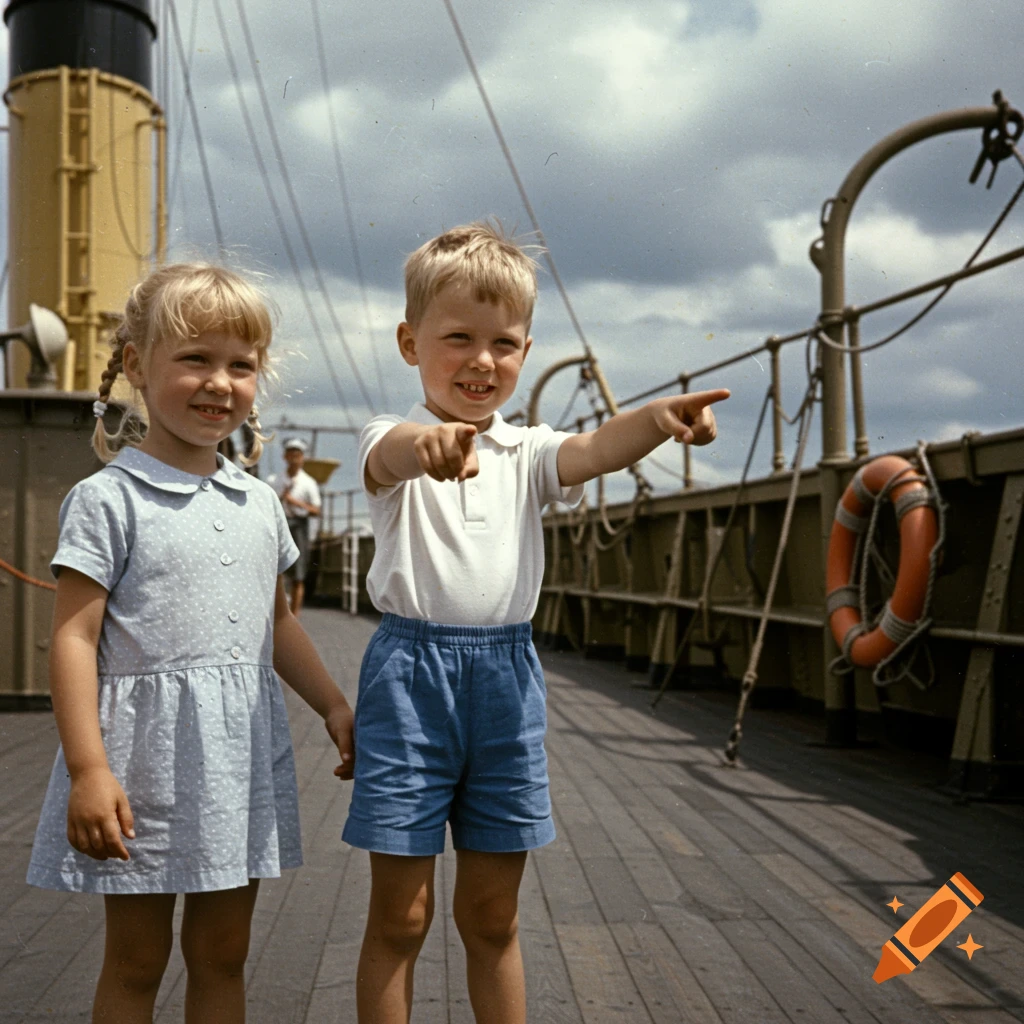 Vintage photo of two children on a ship deck, a boy points forward.