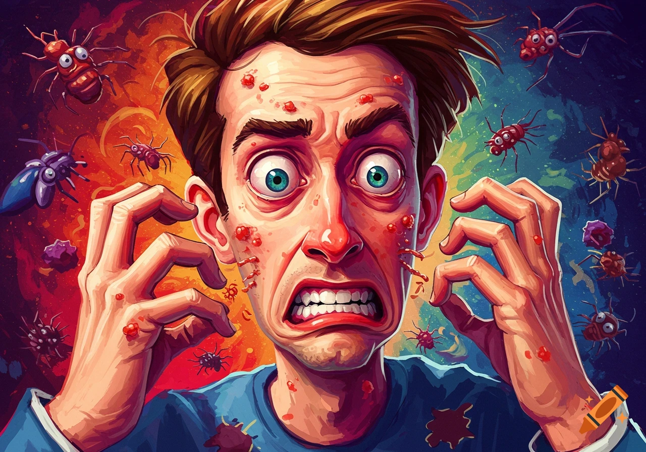 Illustration of a man panicking and scratching at insects crawling on his face and hands.