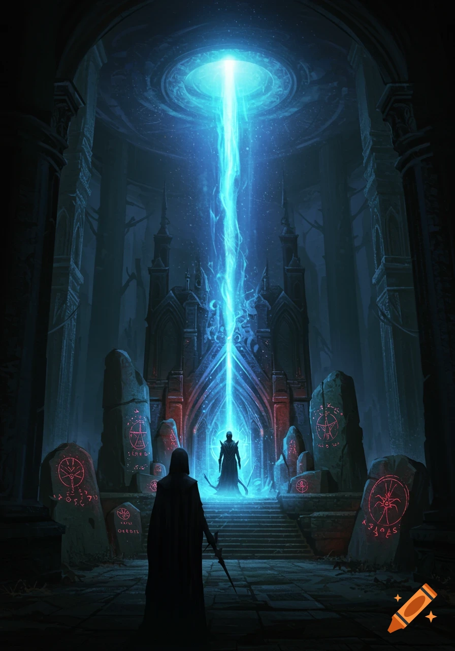 Two hooded figures face a glowing blue beam in a dark chamber with rune-covered stones.