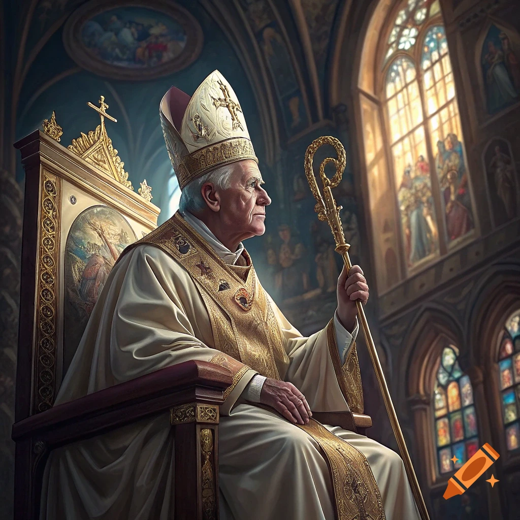 Man resembling Joe Biden in Pope vestments sitting on throne in cathedral