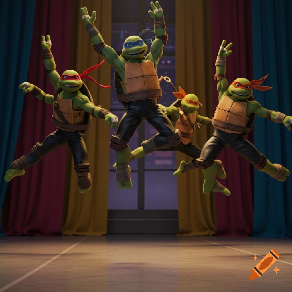 Teenage Mutant Ninja Turtles characters dancing ballet in leather pants.