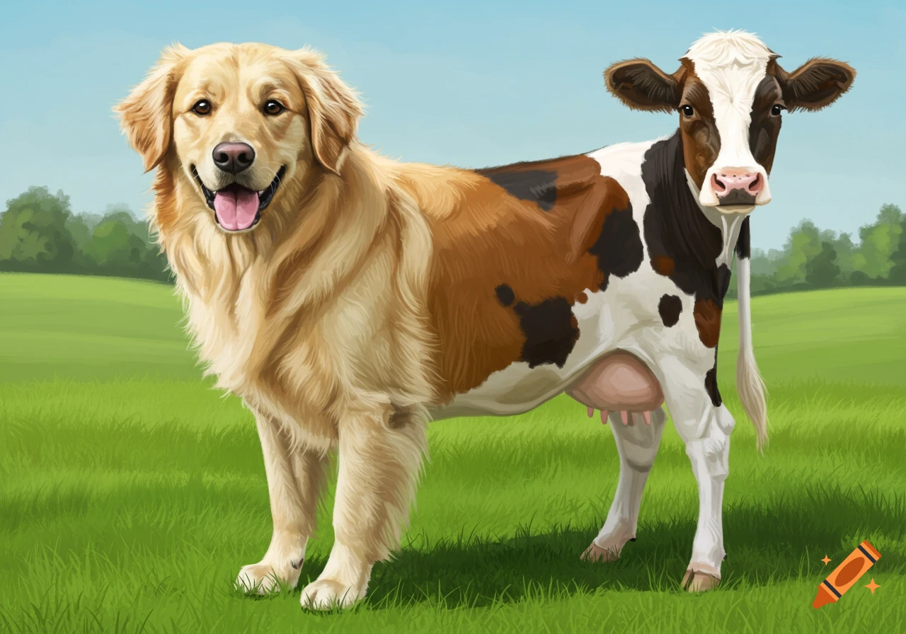 A creature that is half golden retriever dog and half cow stands in a grassy field.