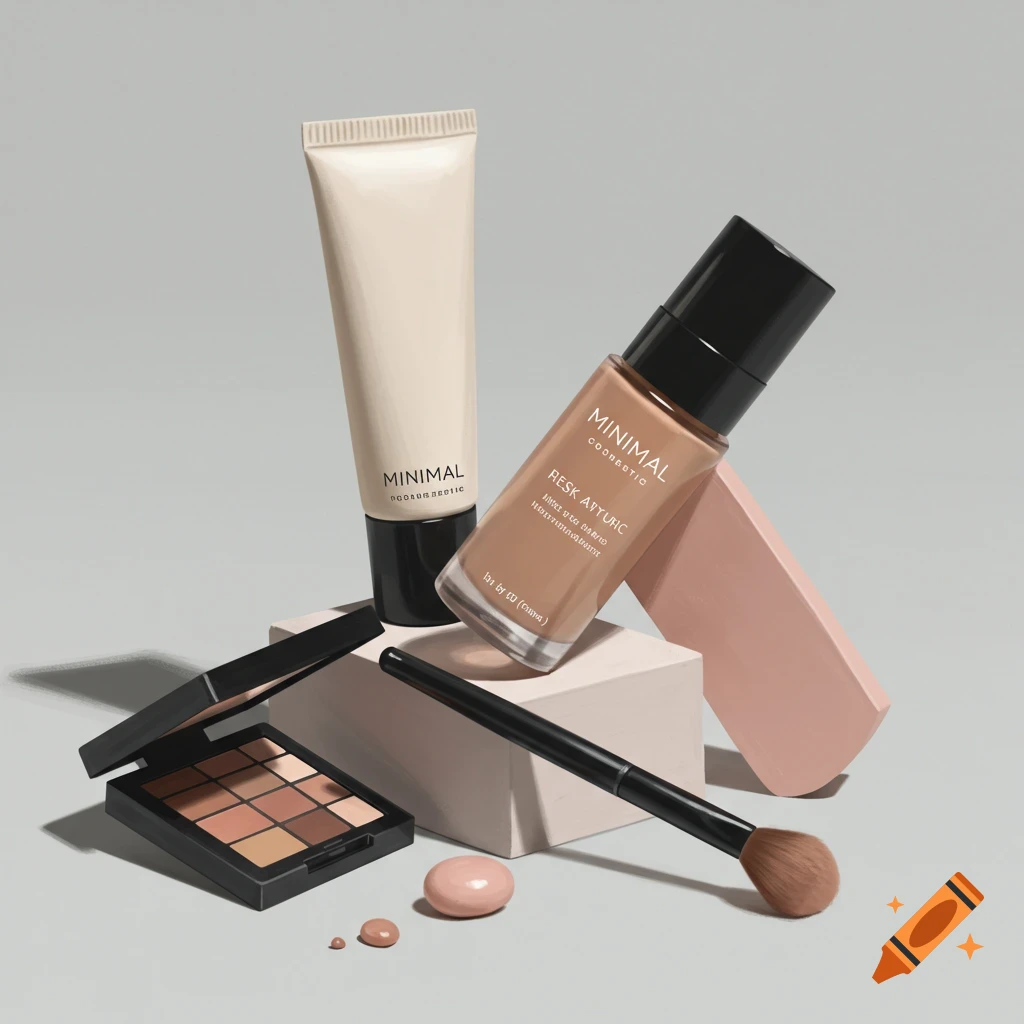 Still life of minimal cosmetic products, including foundation, eyeshadow, and brush, arranged on geometric blocks.