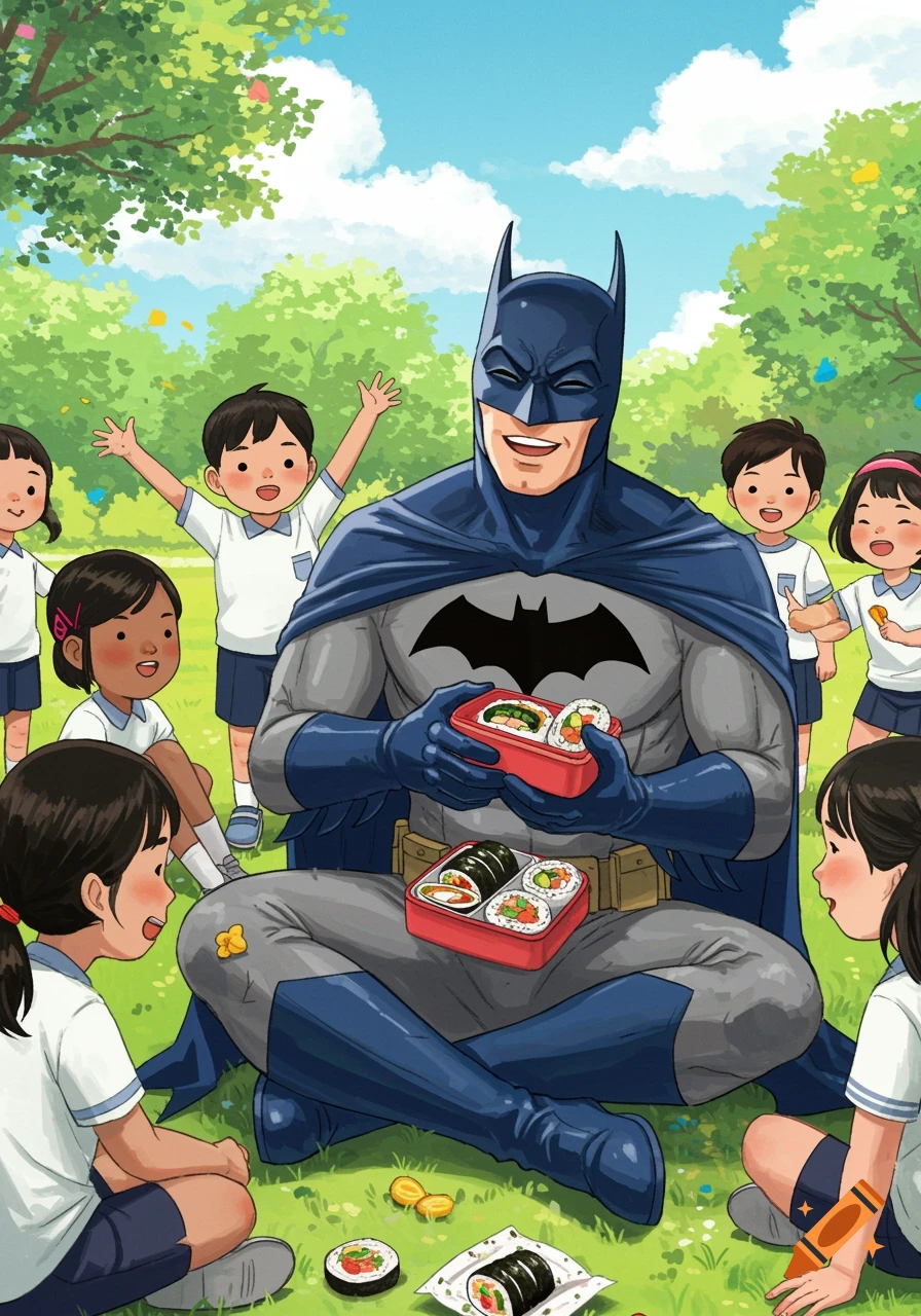 Batman shares sushi with elementary school children at a daytime picnic in a park, illustration