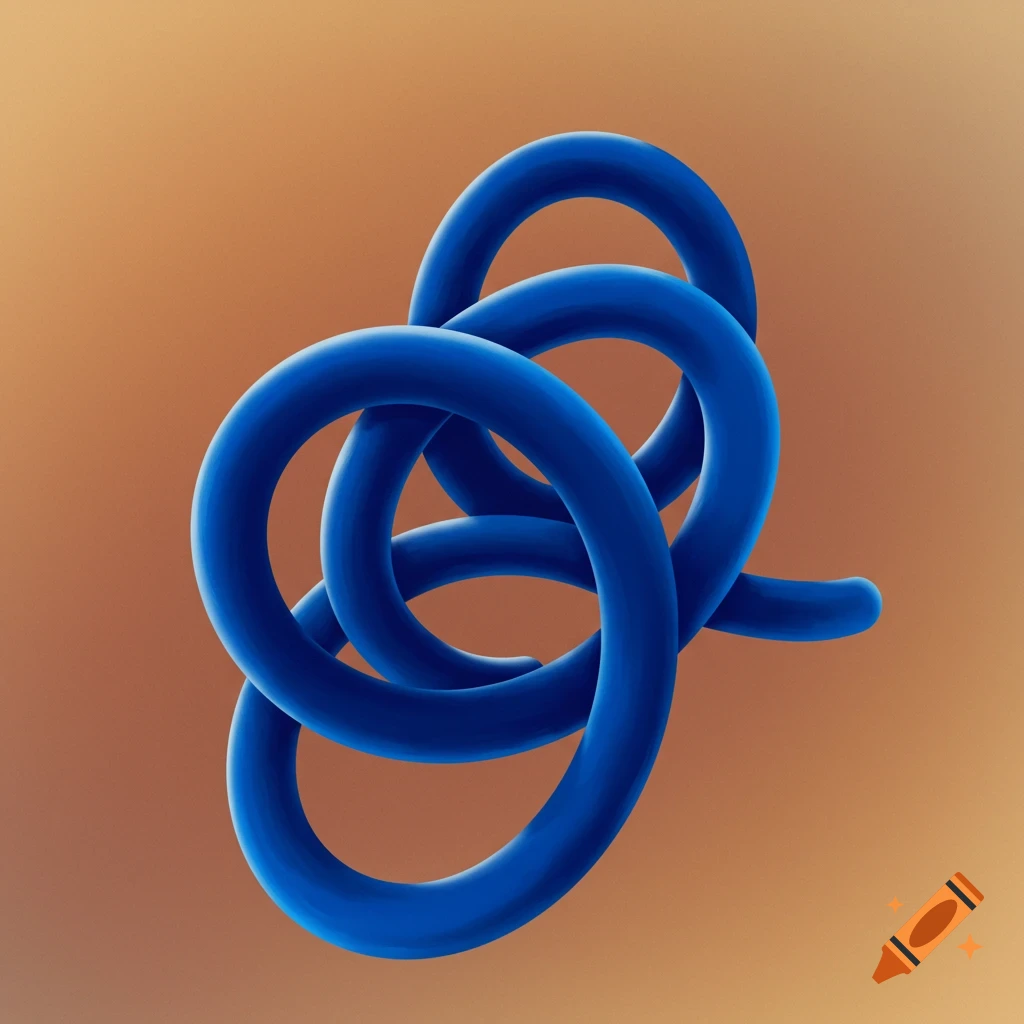 A tangled blue tube shape against an orange and brown gradient background.