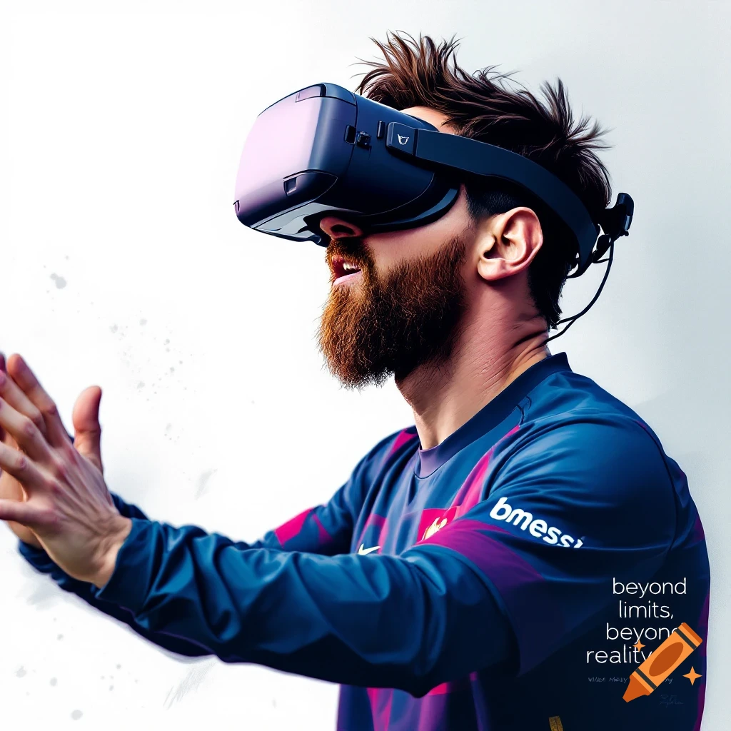 Profile view of a man resembling Messi wearing a VR headset and a soccer jersey, reaching forward. Text reads "beyond limits, beyond reality."