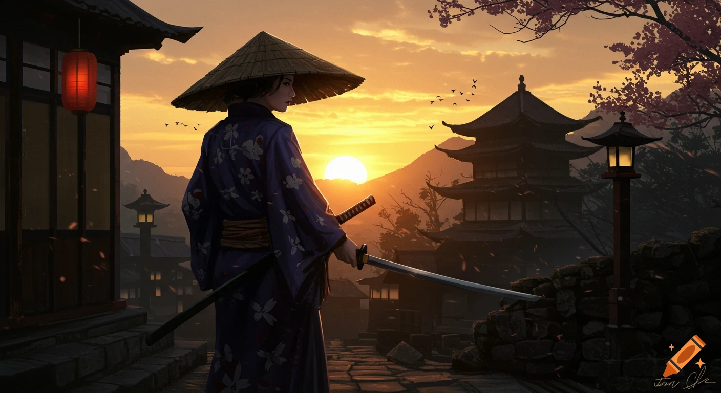 Samurai woman holding a sword at sunset in an ancient Japanese town.
