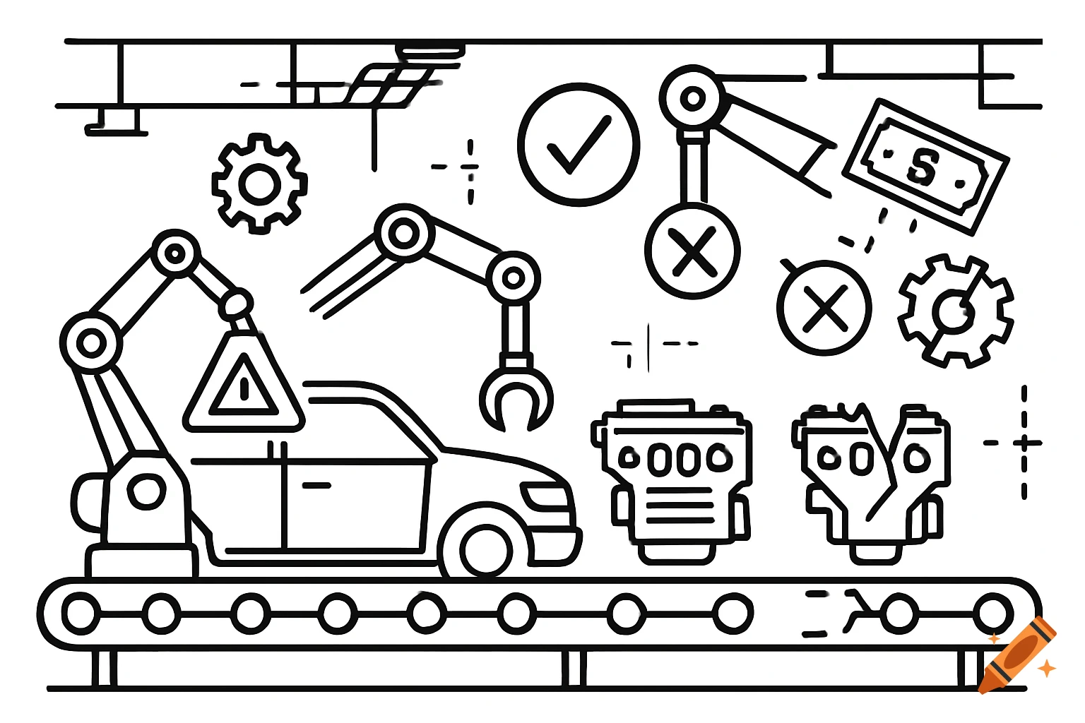 Black and white line art of a car manufacturing line with robots, quality control symbols, and rejected parts.