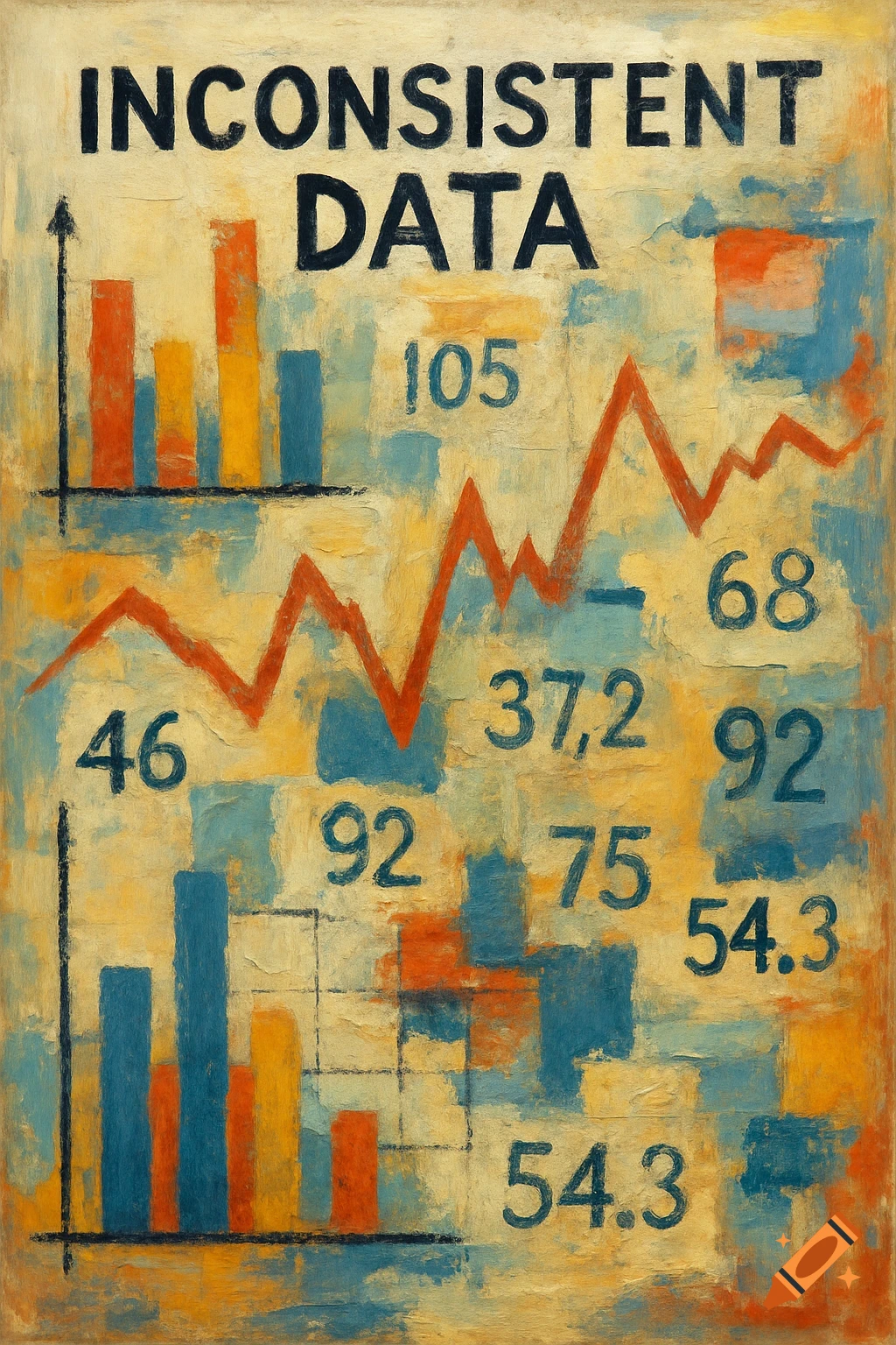 Abstract painting of charts, graphs, and numbers with text 'INCONSISTENT DATA'.