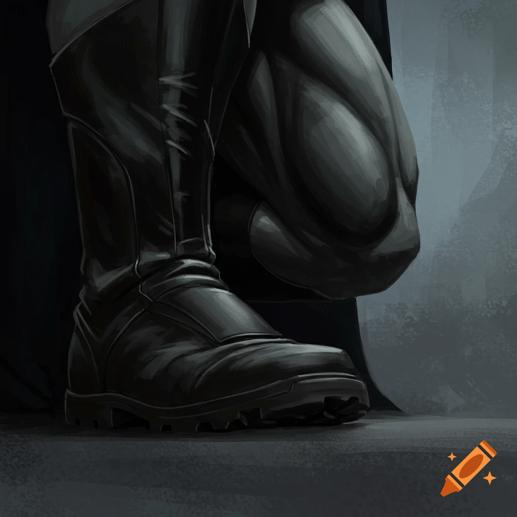 Close-up digital painting of a black boot and armored leg.
