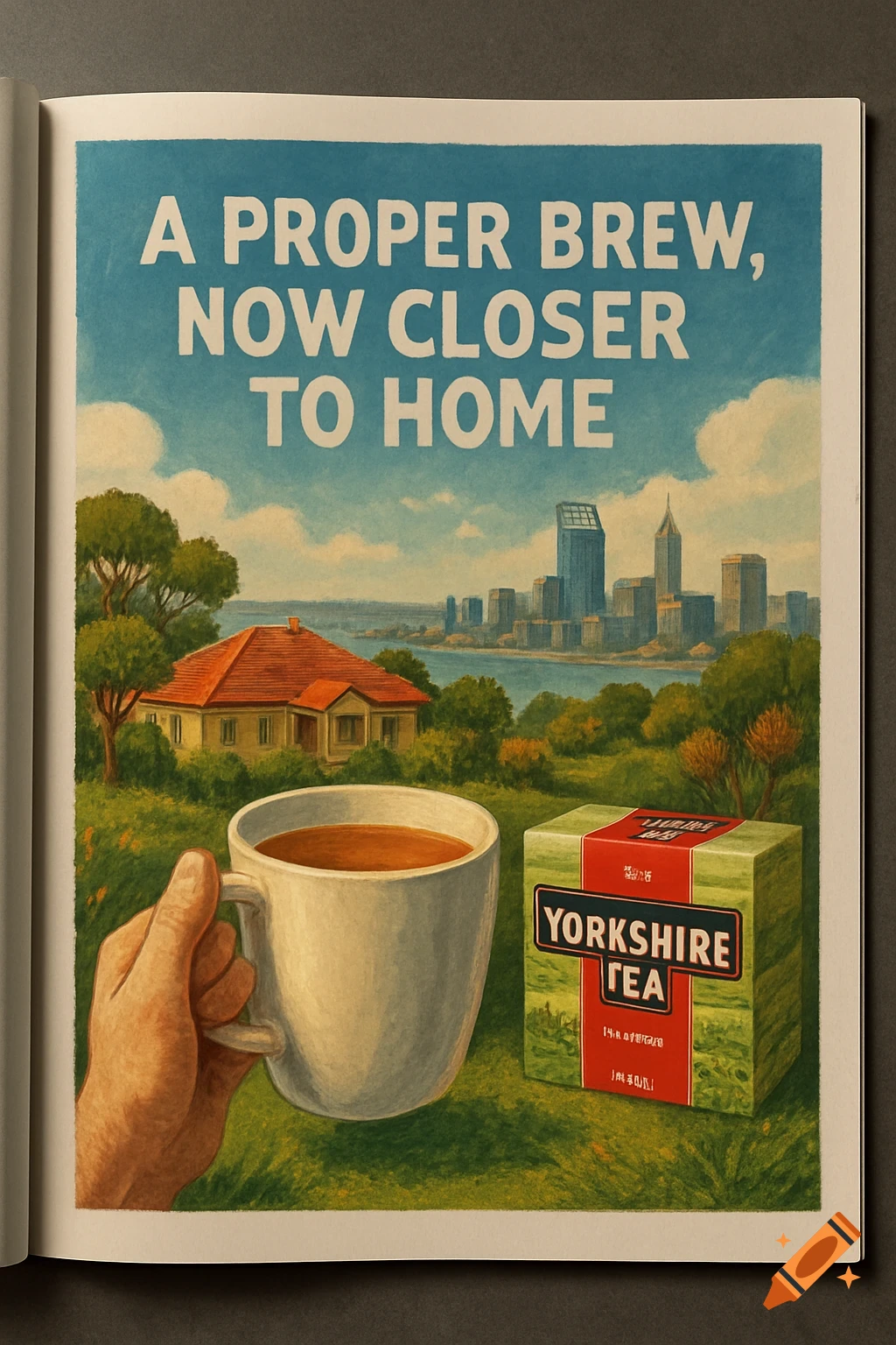 Vintage style illustration of a hand holding a tea cup in front of a house, landscape, and city skyline, with a box of Yorkshire Tea. The text reads "A Proper Brew, Now Closer to Home".
