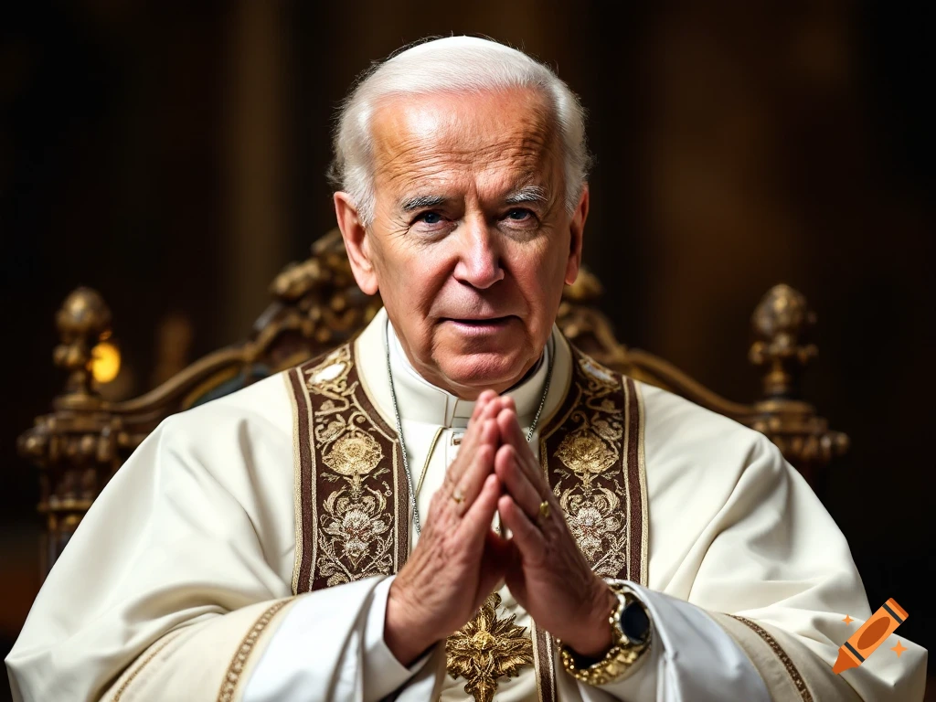 Portrait of Joe Biden dressed as a pope, praying.