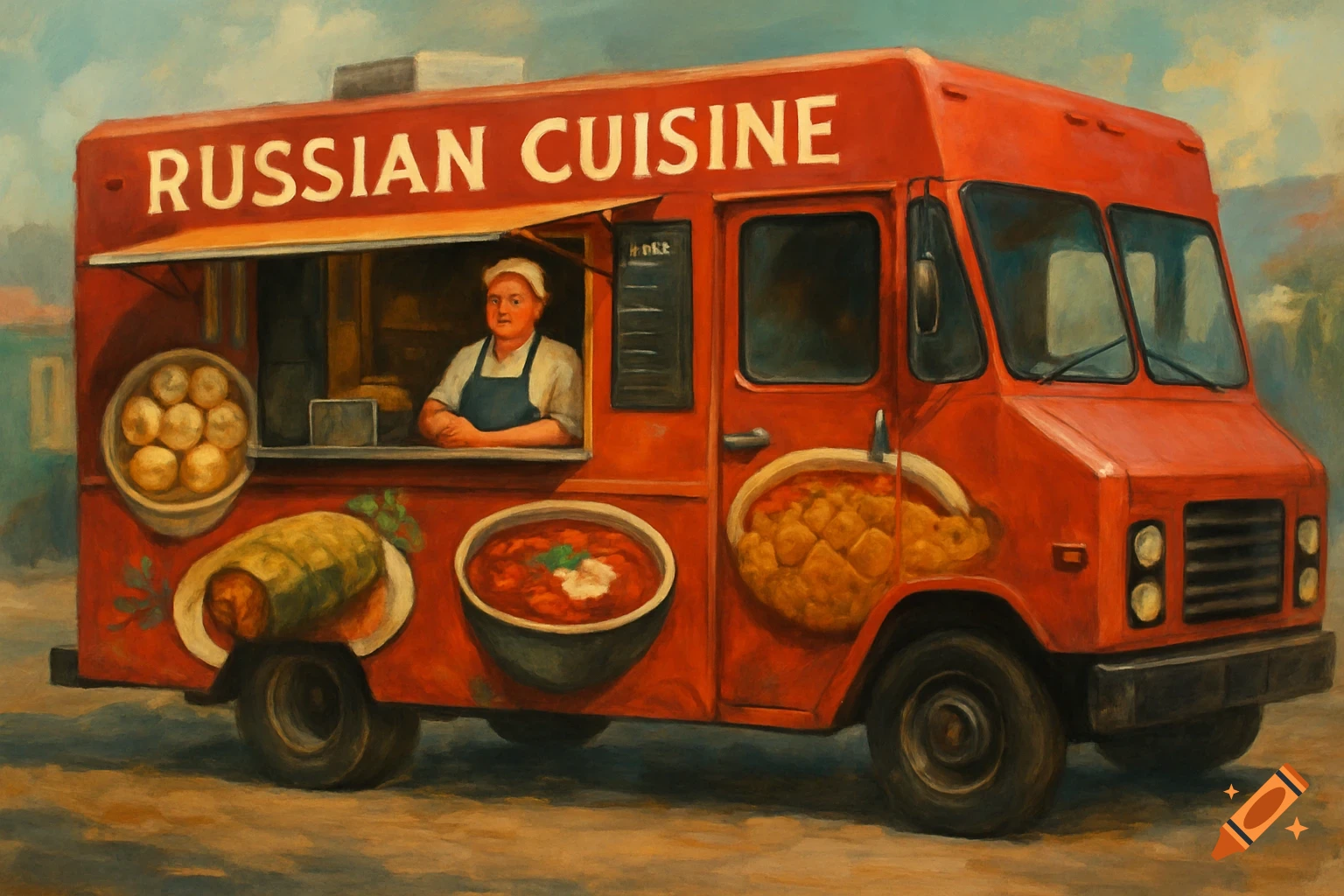 Painting of a red food truck selling Russian cuisine with a person inside.