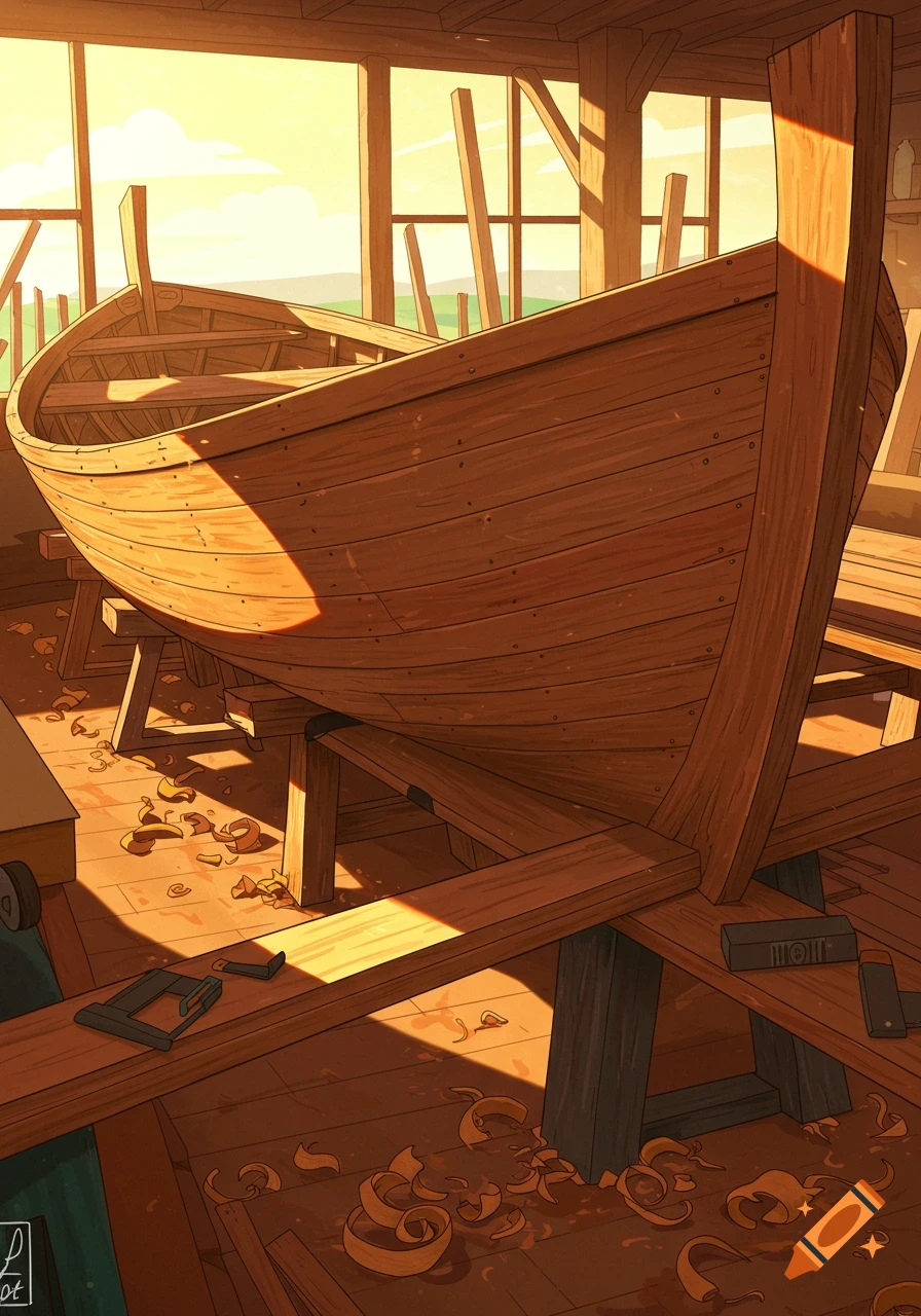 An illustrative image of a wooden boat being built in a sunlit workshop, with wood shavings scattered on the floor.