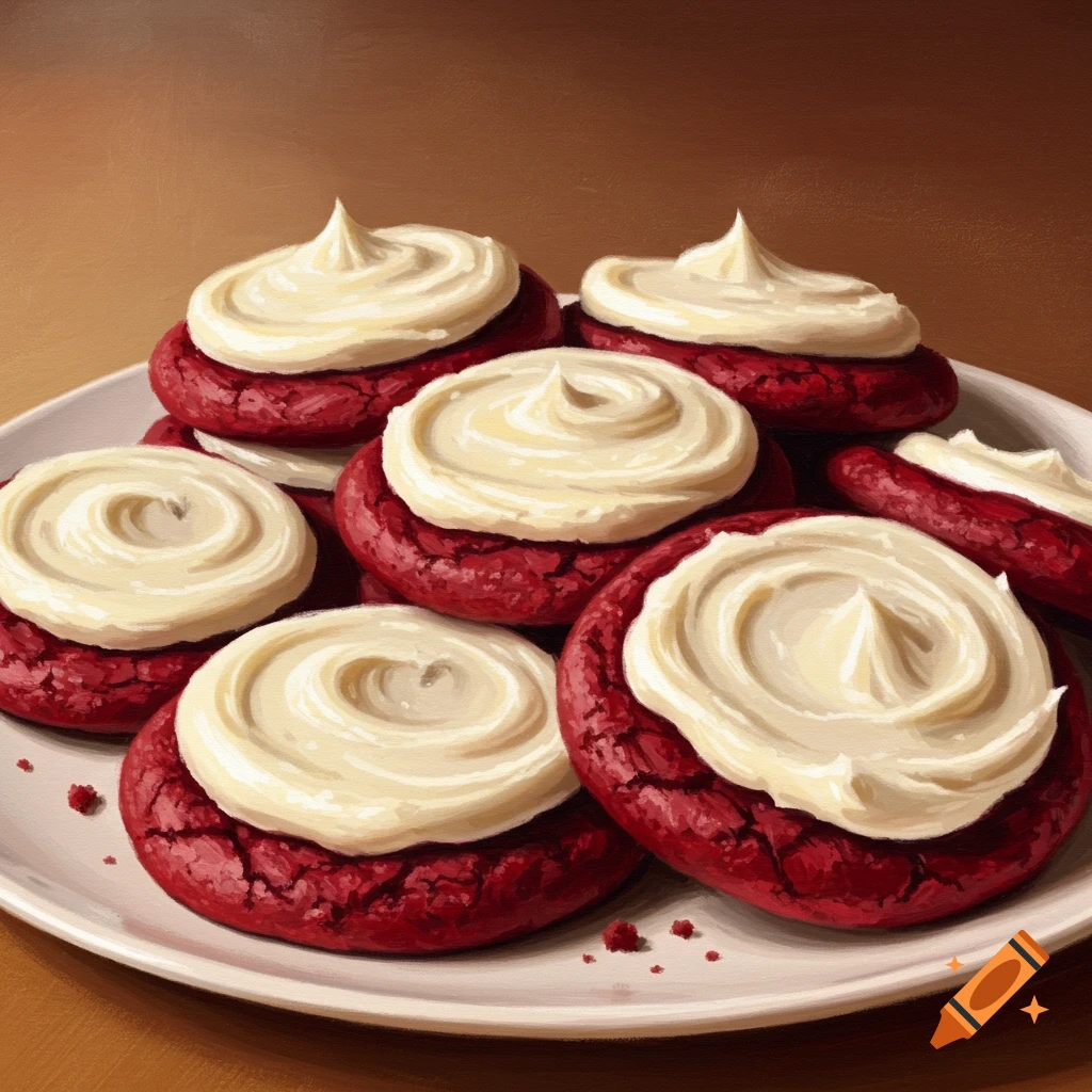 A plate of red velvet cookies with white frosting.