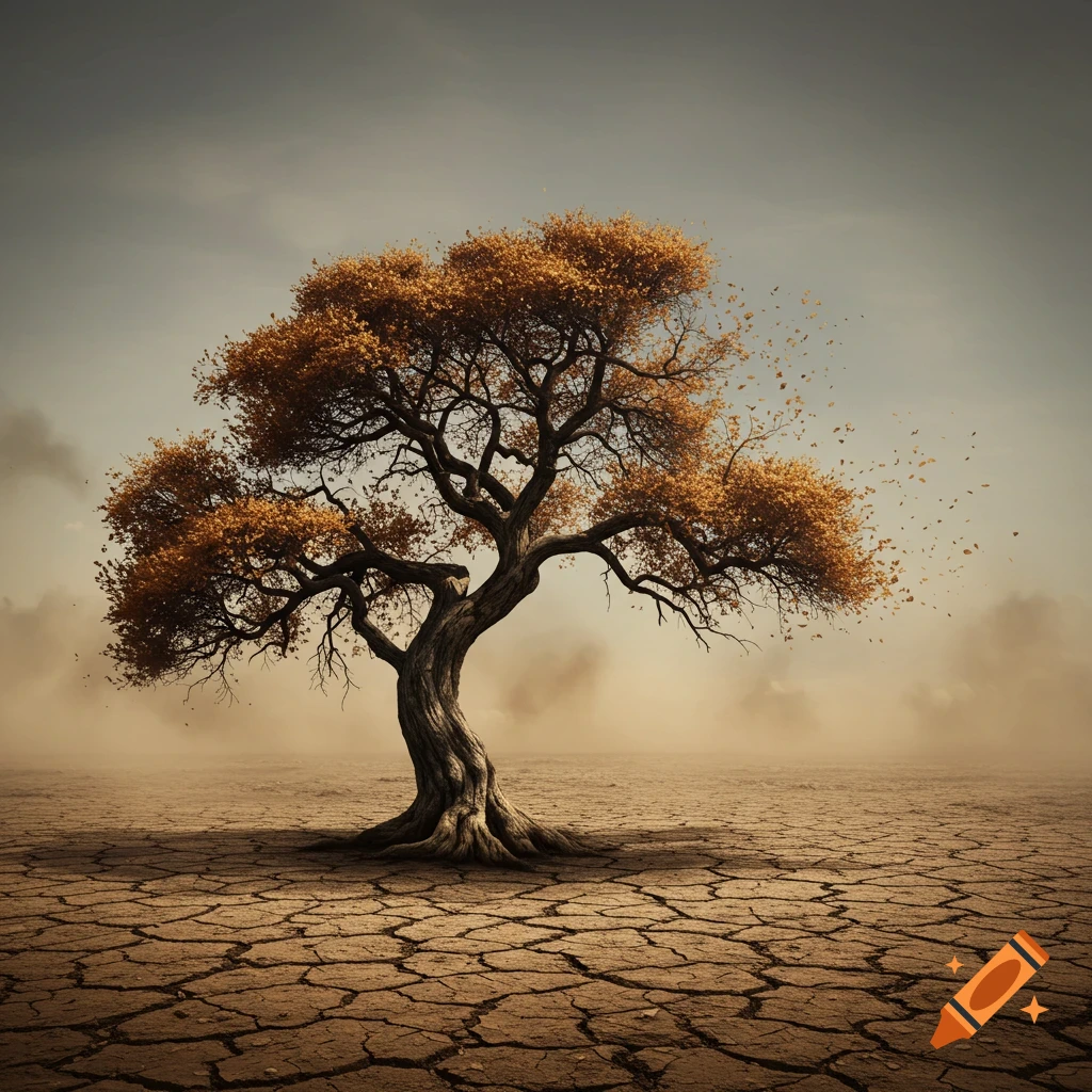 A lonely, gnarled tree stands in a cracked, dusty desert landscape under a cloudy sky.