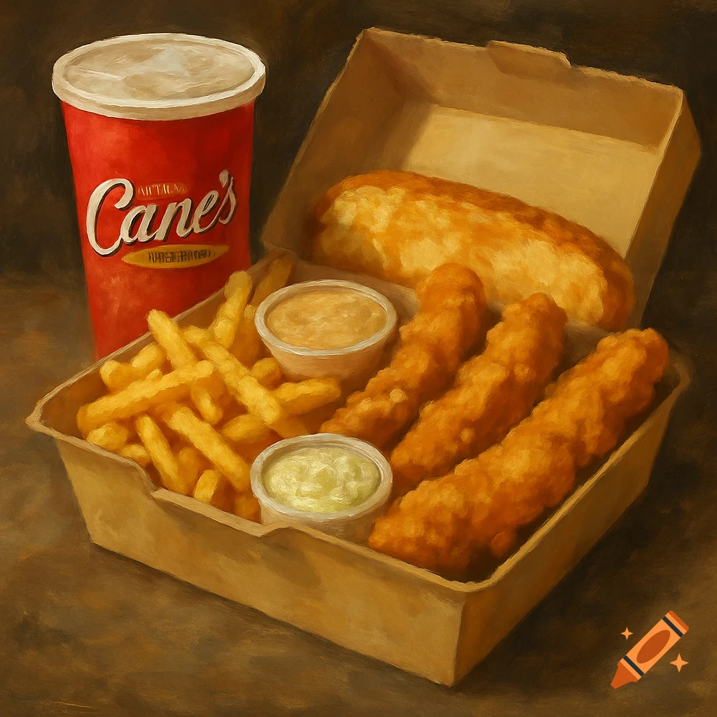 Raising Cane's box combo with chicken tenders, french fries, Texas toast, sauce, and soda cup.