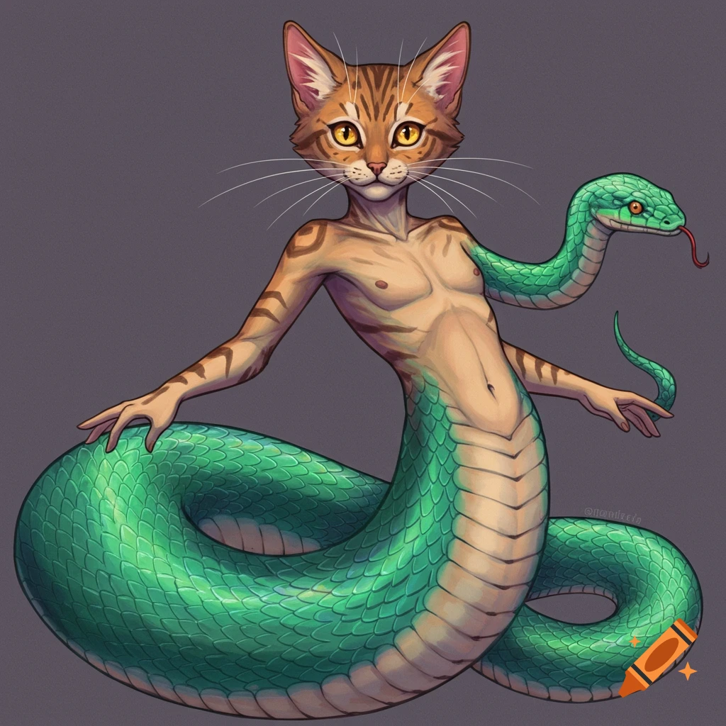 Fantasy art of a hybrid creature with a cat head, human torso, and snake body.