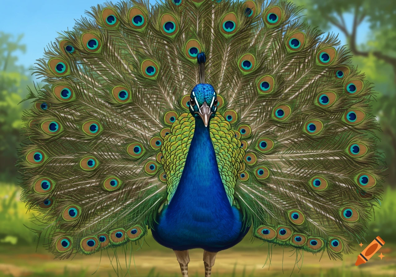 A peacock displaying its brilliant blue and green tail feathers in a forest.