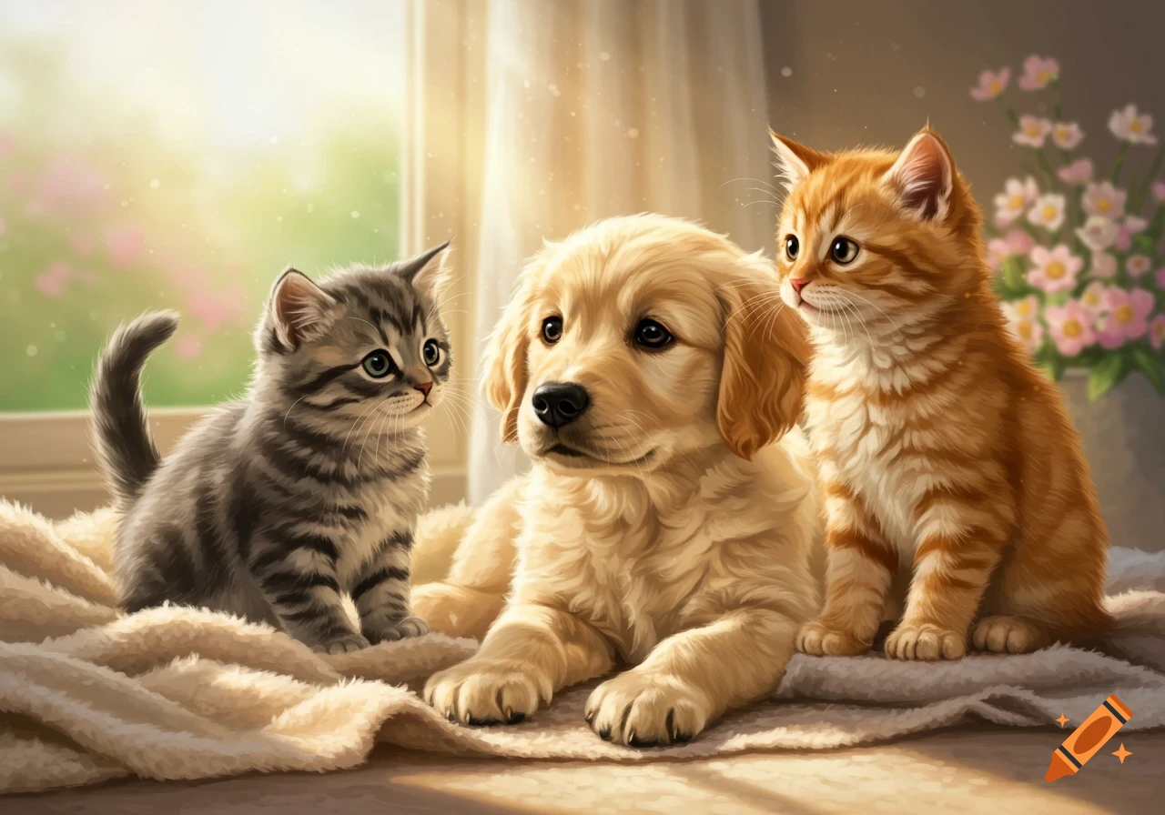 A golden retriever puppy lies on a blanket between a grey tabby kitten and an orange tabby kitten in a sunny room.