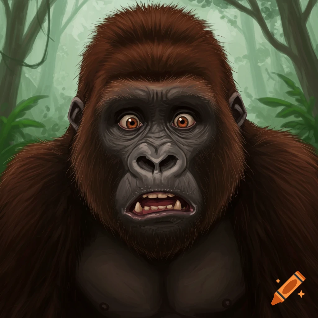 Close-up illustration of a scared gorilla in a jungle