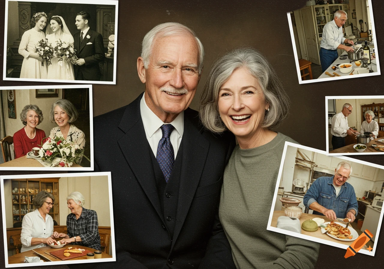 Happy older couple portrait with a collage of smaller photos around them showing moments from their life, including a wedding photo and lifestyle activities.