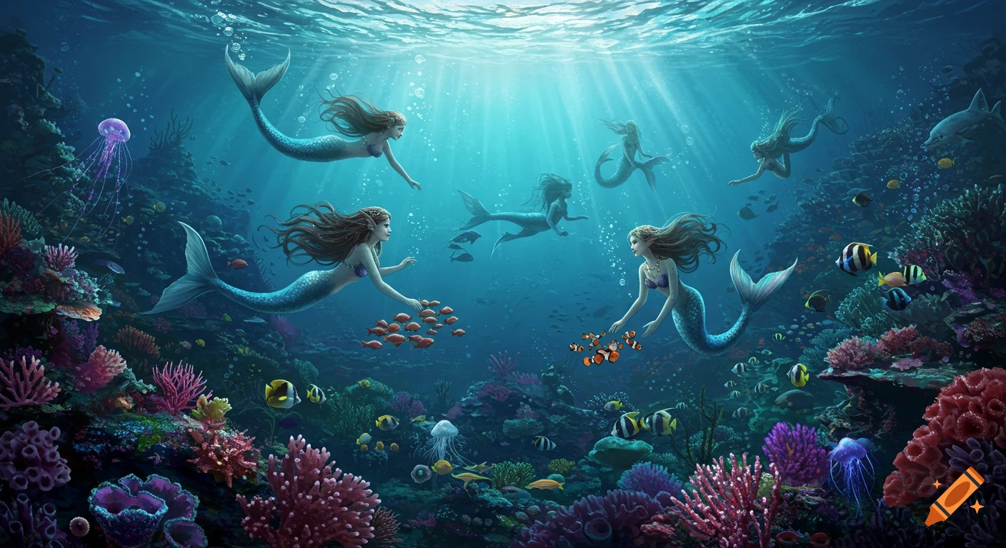 Multiple mermaids swim among colorful coral reefs and fish in a sunlit underwater scene.
