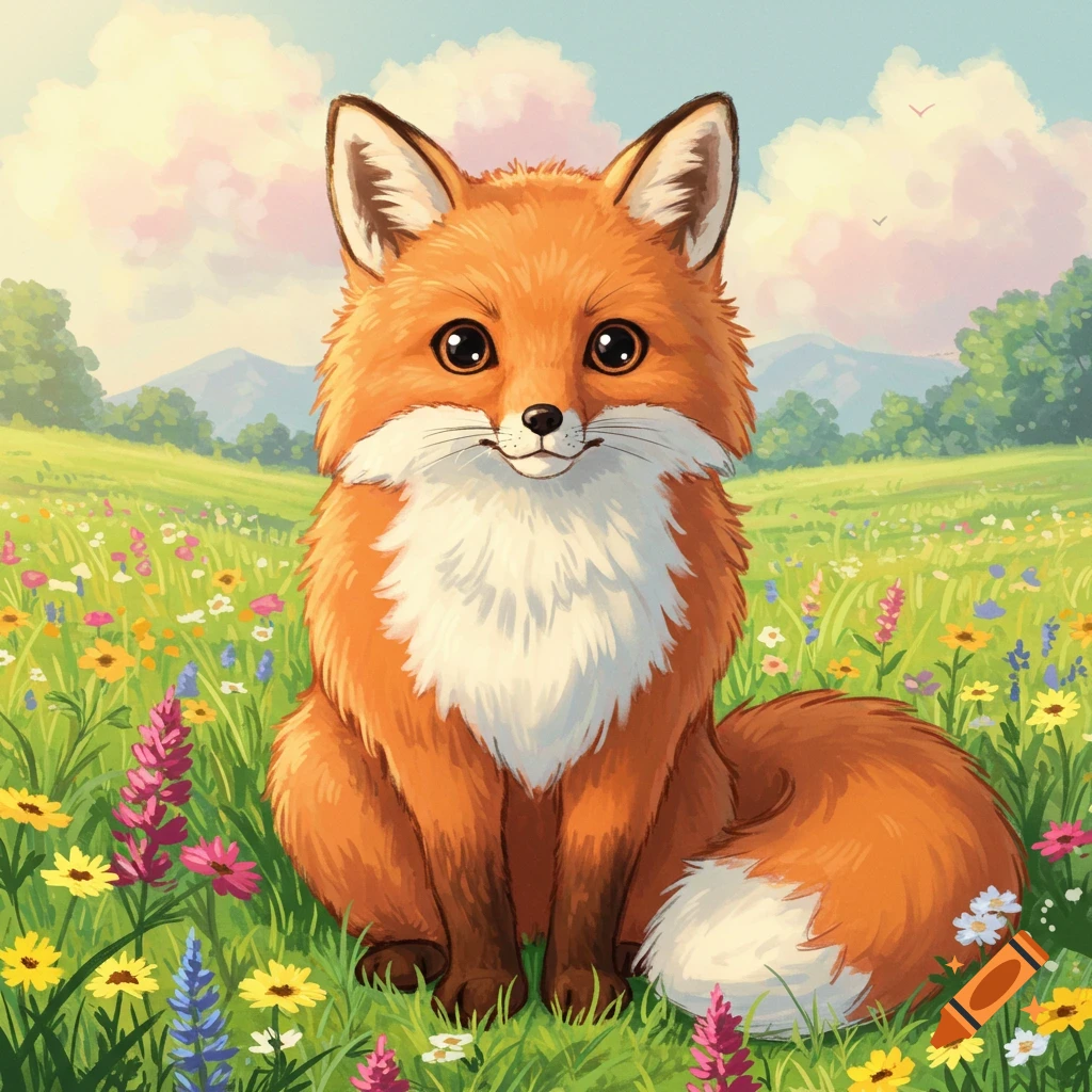 Cute Studio Ghibli style fox sitting in a field of colorful flowers.