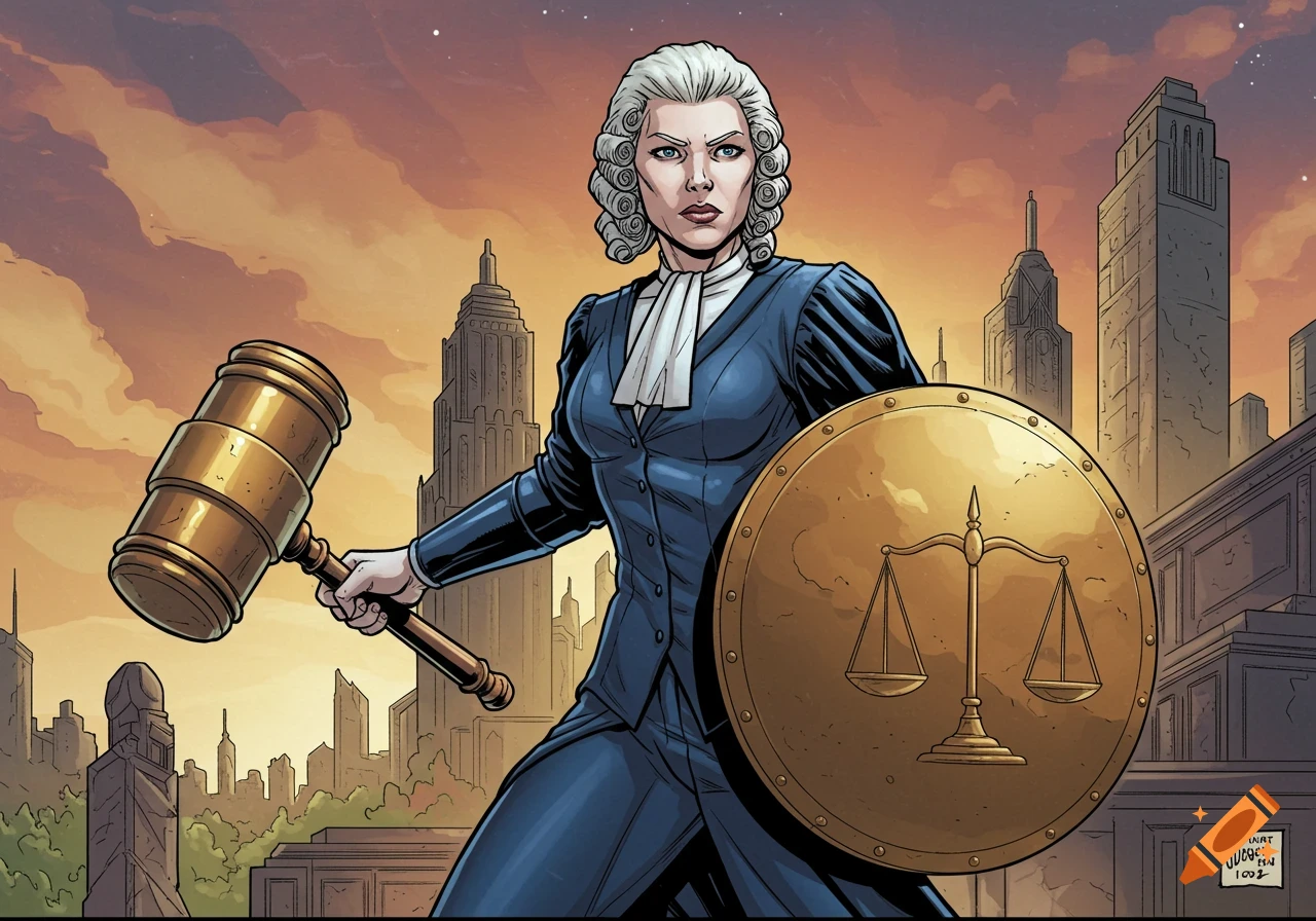 A superhero woman in a barrister wig and outfit holding a gavel and shield with scales of justice stands before a city.