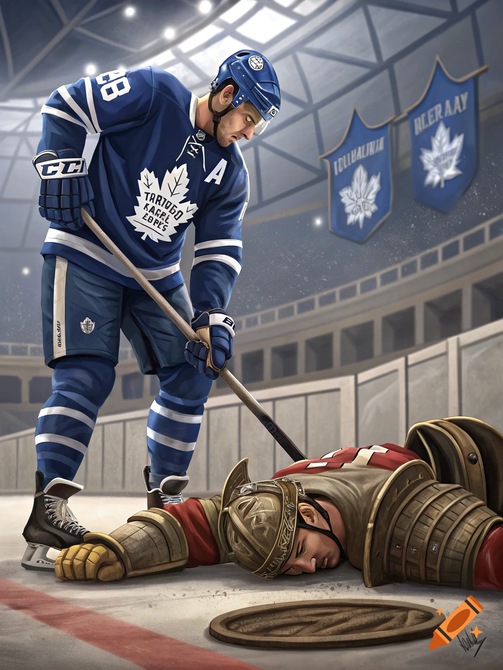 A hockey player in a blue and white jersey stands over a defeated Roman centurion lying on an ice rink.