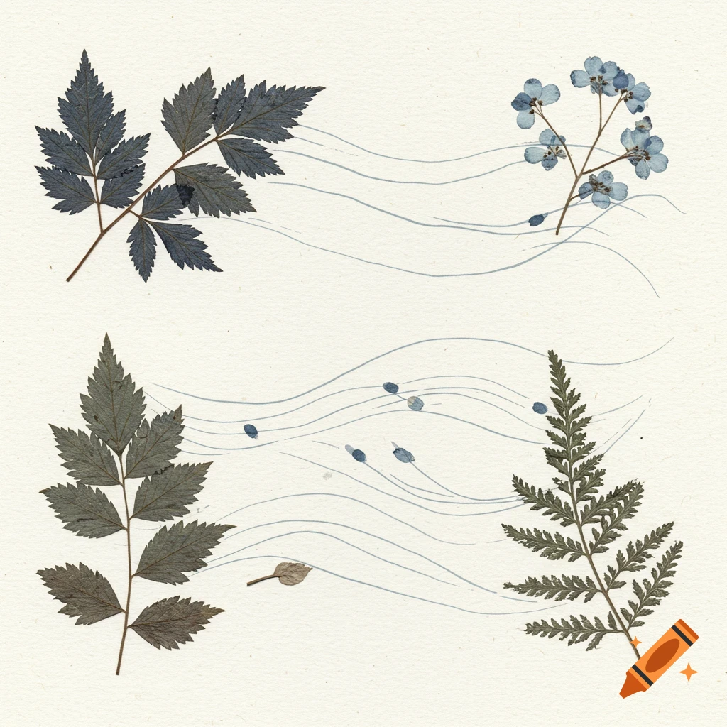 Pressed leaves and blue flowers with wavy lines on textured paper.