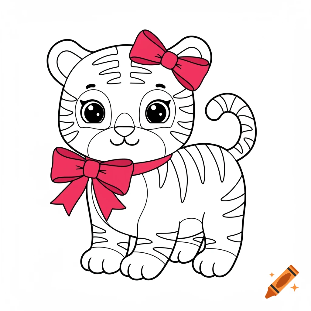 Outline drawing of a cute cartoon tiger wearing a red bow on its head and a red bow tie around its neck, suitable for coloring.