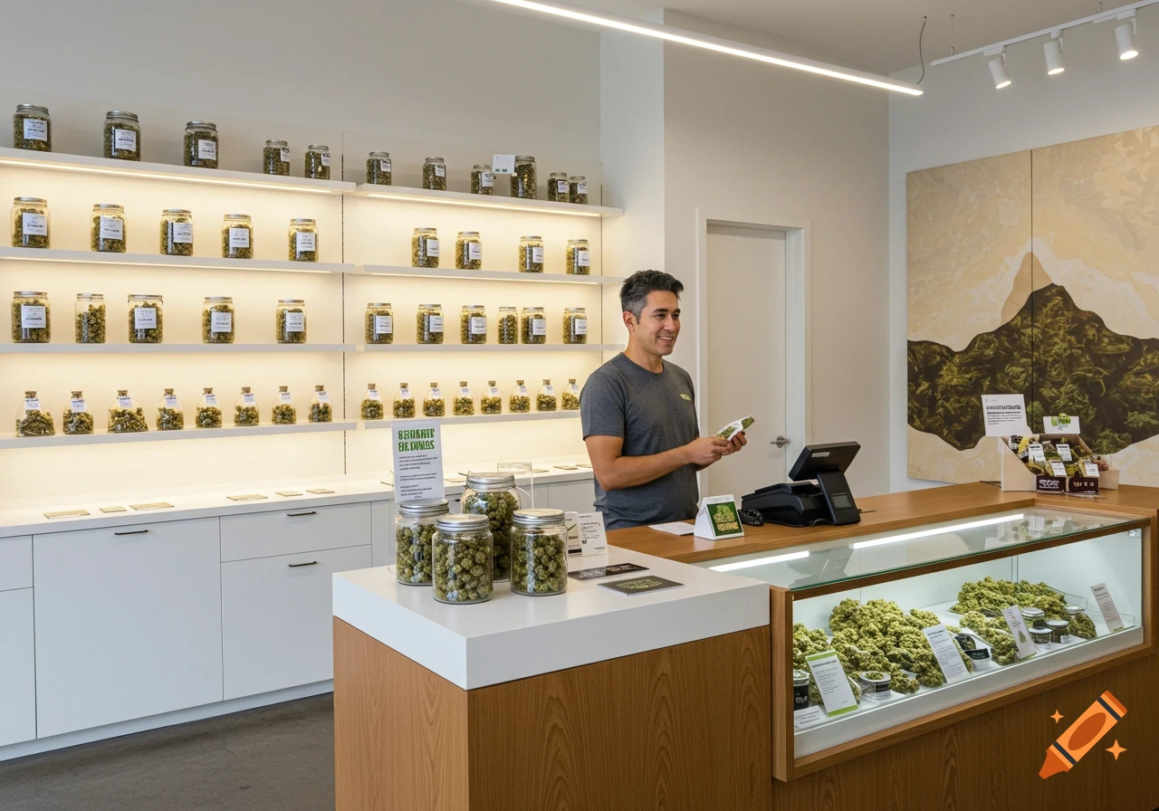 A man stands at the counter of a dispensary with shelves of jars filled with cannabis buds and a display case showing buds.