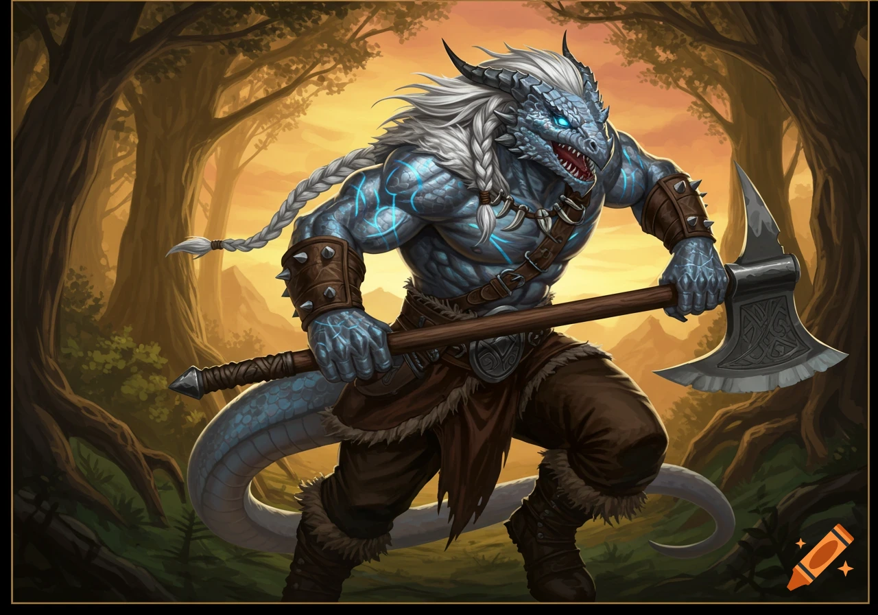 A silver dragonborn barbarian holding an axe in a forest.