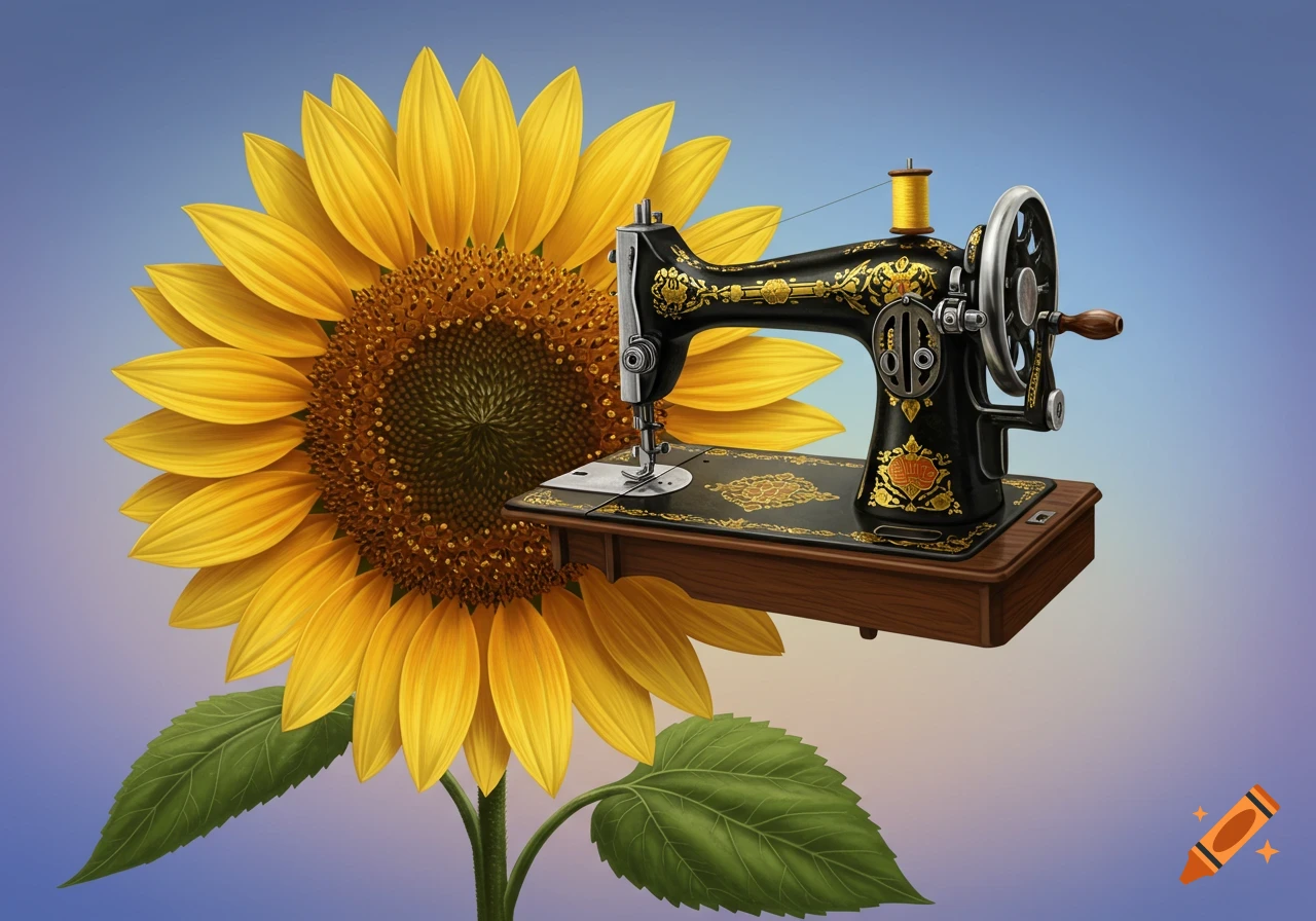Vintage sewing machine sits atop a large sunflower.
